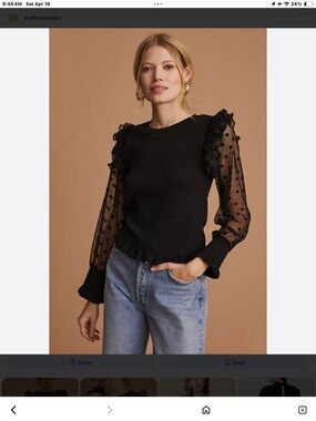 Anthropologie Black Sheer Polka-Dot Ruffle Sleeve Sweater